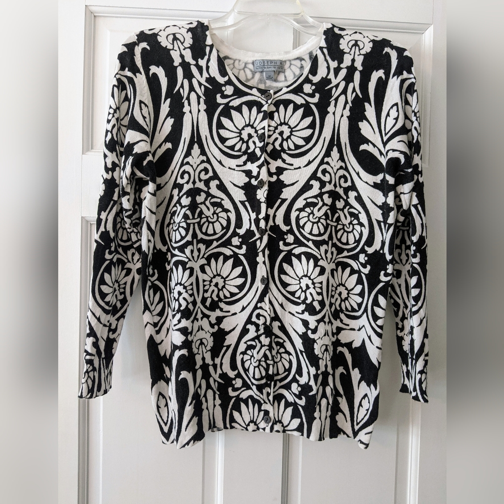 Joseph A. Black and White Cardigan Sweater. Size Medium.